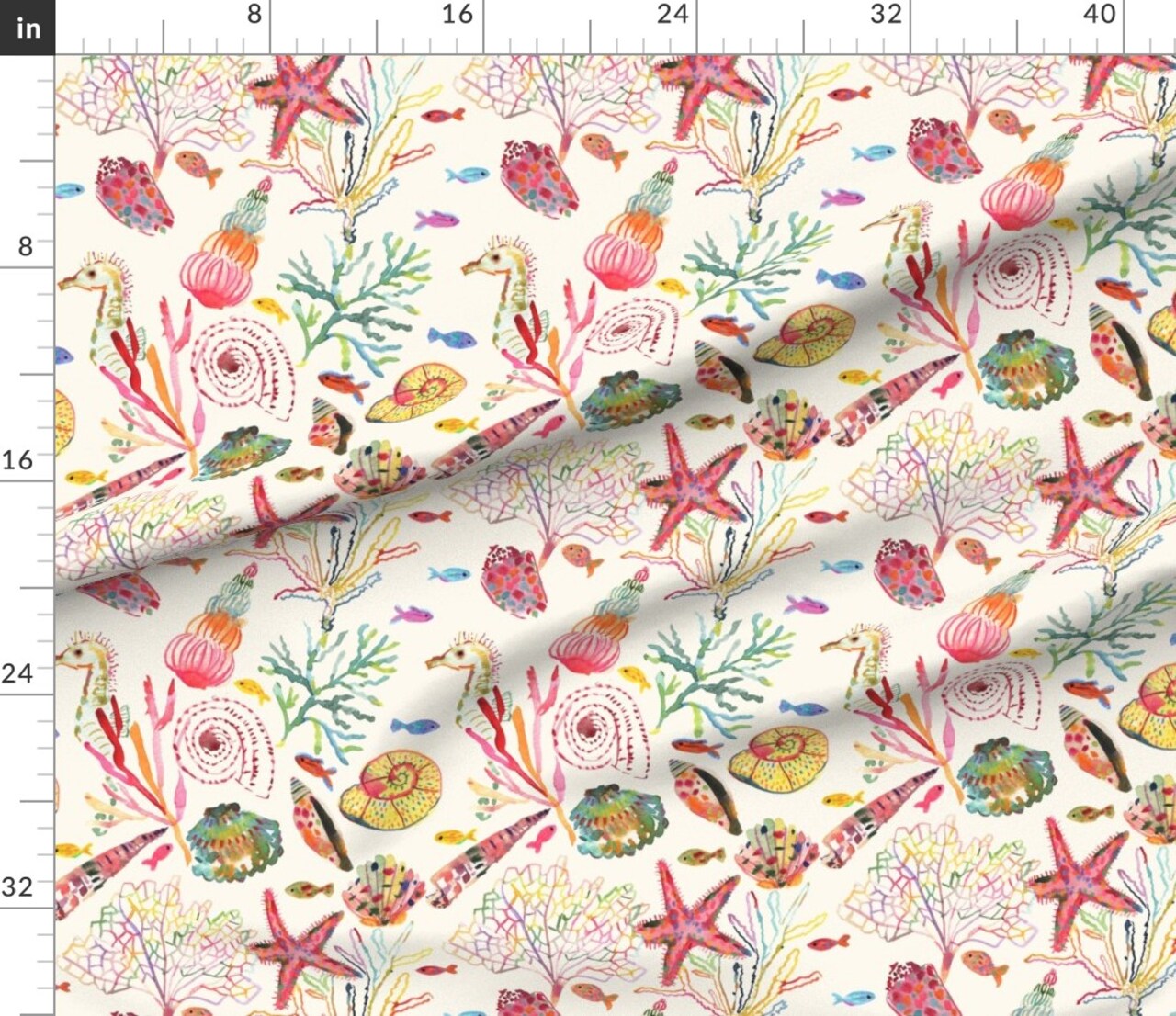 Seashells Watercolor Painted Sea Life Coral Reef Underwater Starfish Beach House Custom Printed Fabric by Spoonflower Various Fabrics by the Yard or Fat Quarter